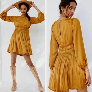 NWT!! Anthropologie MAEVE Saniya Mini Dress Solid Gold Pleated Flirty Small - Picture 1 of 16