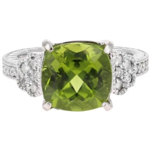 5.85 Carats NATURAL PERIDOT and DIAMOND 14K Solid White Gold Ring - Picture 1 of 3