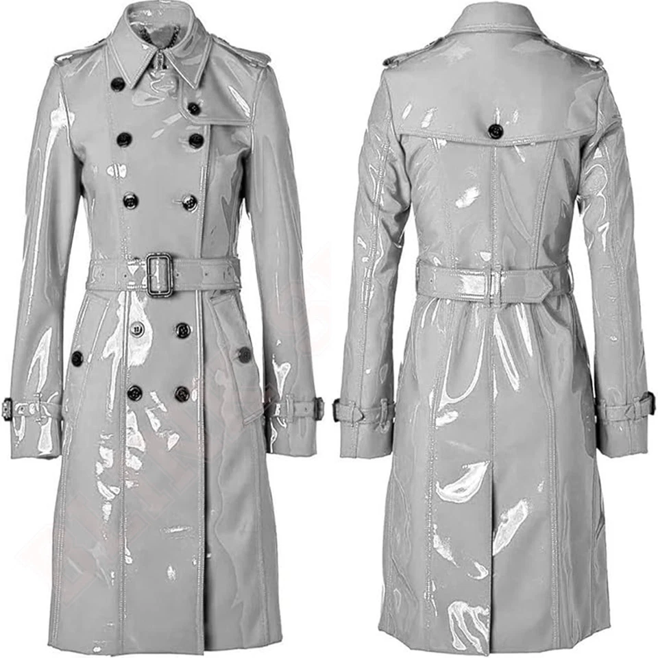 Abrigo gótico brillante de vinilo de trinchera para mujer PVC emo abrigo blanco de imitación de cuero de primera calidad Foto 1 de 4