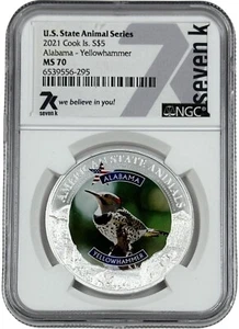 2021 Cook Islands Silver Alabama Yellowhammer $5 State Animal NGC MS 70 7k Metal - Picture 1 of 2