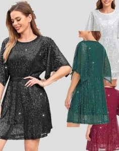 Mujeres Sexy Vestido de Noche Corto Manga Corta Cuello Redondo Lentejuelas Cóctel Baile de graduación 1259 - Imagen 1 de 12