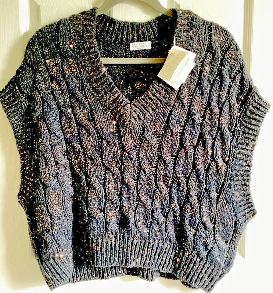 Brunello Cucinelli女式V领罗纹下摆钩针编织带美丽亮片 — 第 1/4 张图片