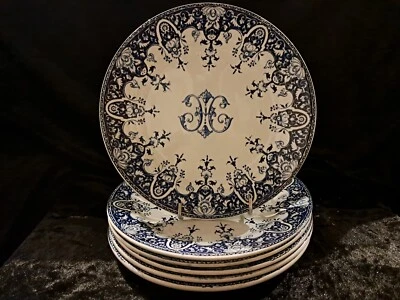SUPERBE 6 ASSIETTES PLATES EN FAIENCE DE GIEN DECOR ROUEN MONOGRAMMEES 19EME N°2 - Photo 1/4