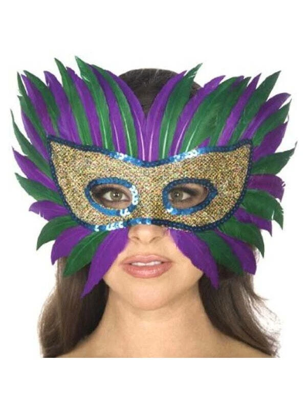 Adult Mardi Gras Feather Eye Mask - Image 1 of 1