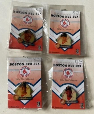 Boston Red Sox 4 Pins Lot Pedro Martinez Kapler Malaska Burks 2004 Sealed - Image 1 of 4