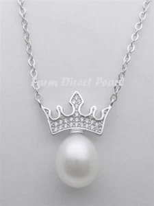 925 STERLING SILVER 17" Genuine White Pearl Pendant Necklace Crown Freshwater - Picture 1 of 2