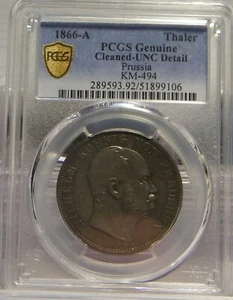 1866 A 1 Thaler German States. Prussia PCGS UNC (cleaned) - Picture 1 of 3