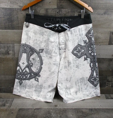 Pantalones Cortos de Tabla Affliction Para Hombres 33 Gris Negro Los Ángeles Cruz Calavera Live Fast MMA Foto 1 de 4