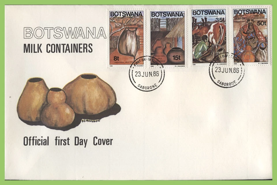 Botswana 1986 Traditional Milk Containers set on First Day Cover - Image 1 of 1