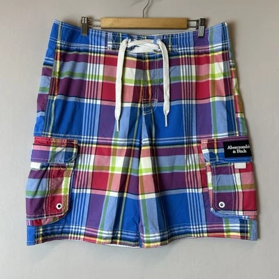 Abercrombie Fitch Swim Shorts Mens Extra Large Cargo Board Plaid Blue Red Green - Image 1 of 4