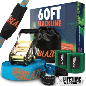 Ninja Slackline Kit 60ft - Ratchet Straps & Tree Protectors for Kids - Picture 1 of 9