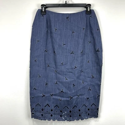 VTG Lafayette 148 Skirt Women's 6P Blue 100% Linen Eyelet Pencil Artsy Old Money - Image 1 of 4