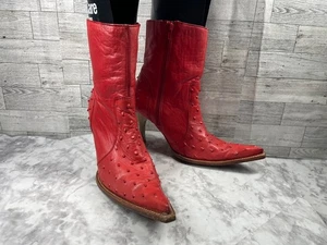 Walda Western Boots Women 7.5 M Shoes Red Leather Ostrich Print Pointed Toe - Picture 1 of 23