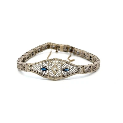 0.15 Carat Sapphire 0.02 Carat Old European Diamond 14K WG Filigree Bracelet - Image 1 of 4