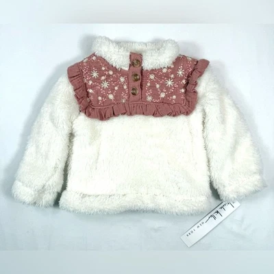 NUEVO CON ETIQUETAS NICOLE MILLER Niñas Sherpa Pullover 6–9M Bordado Volantes Cottagecore NUEVO Foto 1 de 4