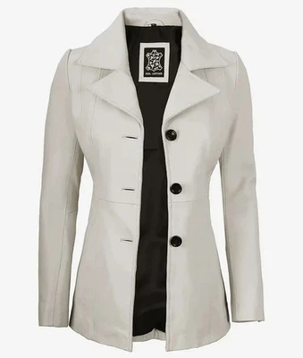 Women New Stylish Designer Look Three Button Sheepskin Off White Leather Blazer - Image 1 of 4