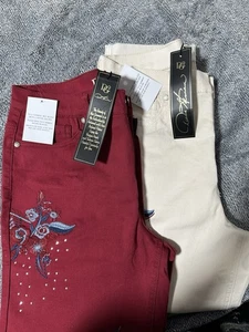 DG2 Diane Gilman 2 Pr bestickte Jeans Größe 12P & 12 Blumenmuster mehrfarbig neu mit Etikett - Bild 1 von 6