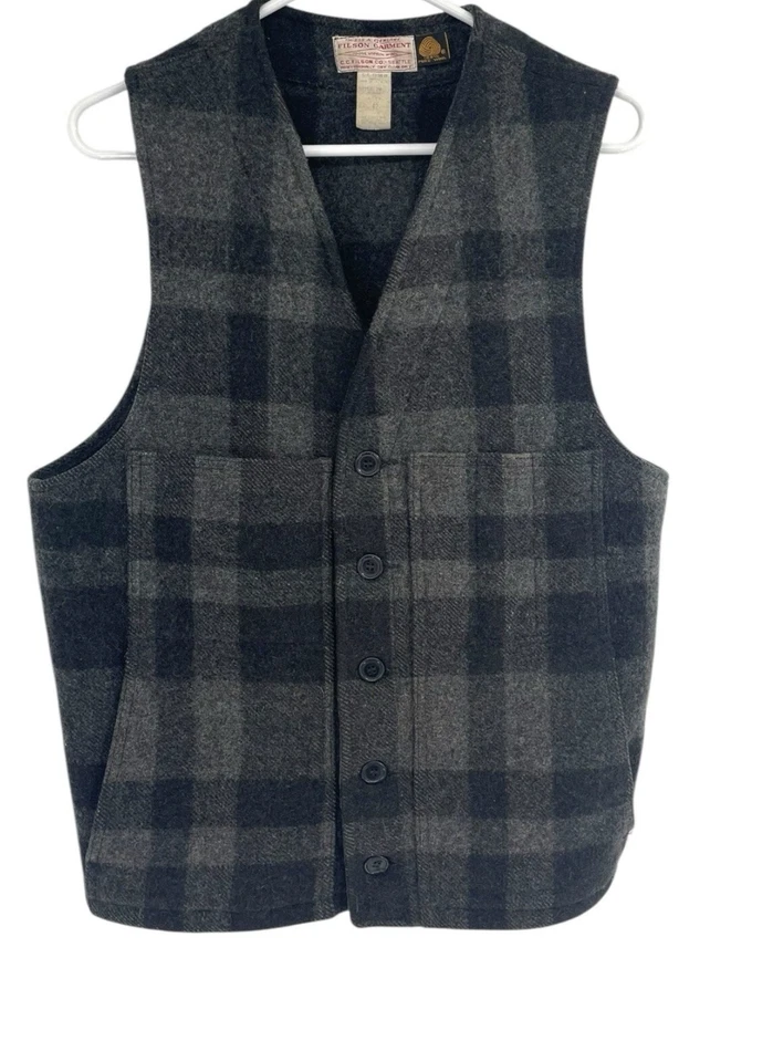 Vintage Filson Mackinaw Wool Vest Mens 42 Gray Black Plaid Button USA Made - Image 1 of 4