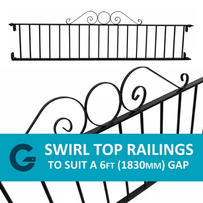 Swirl Top Wrought Iron Railings - Galvanised & Powder Coated Black - 1830mm Gap - Image 1 of 4