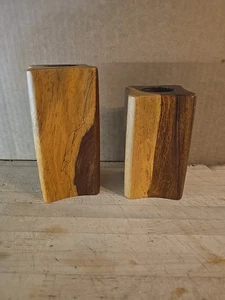 Vintage Mid-century 2 Wooden Taper Candle Holders - Picture 1 of 10