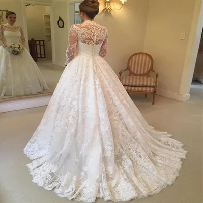 Royal Princess Laceful Wedding Dress High Neck Long Sleeve Ball Gown Church - Image 1 of 4