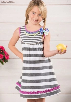 Matilda Jane Girl Size 6 Vanilla Swirl Dress The Adventure Begins Gray Stripes - Image 1 of 4