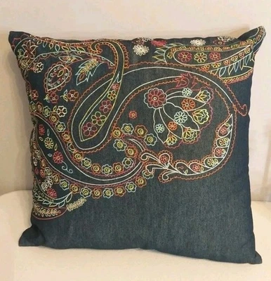 New Rizzy Home Accent Throw Pillow Denim Blue Floral Embroidered Colorful 18x18" - Image 1 of 4