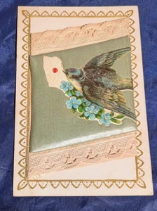 Vintage Top-Fold Birthday Greeting Card Postcard Padded Cover with Bird Embossed - Picture 1 of 3
