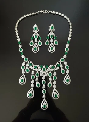 Estate Emerald and Diamond 18K White Gold Necklace and Earring Set - Image 1 of 3