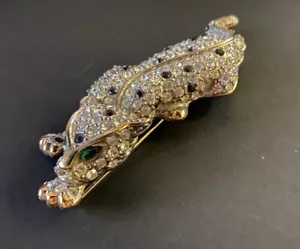 Spilla leopardata vintage Ciro, piatto oro, diamante e cristallo nero con occhi verdi - Foto 1 di 3