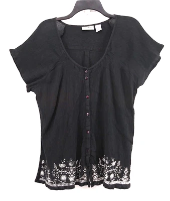 Coral Bay Shirt Womens Size XL Black Short Sleeve V-Neck Button Up Top - Image 1 of 4