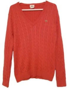 Lacoste Cable Knit Sweater Pink SZ 46 V Neck Cotton Classic Casual Preppy - Picture 1 of 6