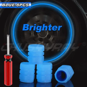 8Pcs Glow in The Dark Tire Valve Caps Fluorescent Stem Car Universal Blue - Picture 1 of 18