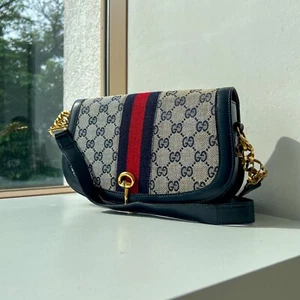 Gucci GG Supreme Horsebit Navy Gold Hardware Canvas Sherry Shoulder Bag Vintage - Picture 1 of 24