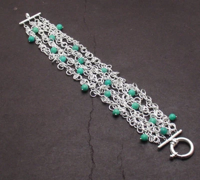 Natural Turquoise Gemstone Rolo Charm Link  Bracelet Real 925 Sterling Silver - Image 1 of 4