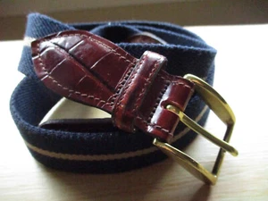 CROOKHORN Croc Print Leather Tabs Navy Blue Striped Fabric Belt Mens Size 34 USA - Picture 1 of 11