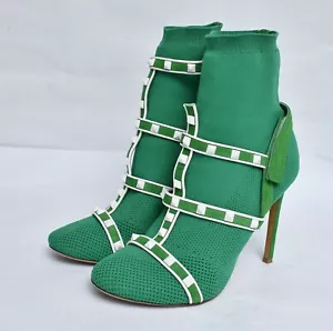 Valentino Garavani Rockstud Bodytech Knit Suede Green Boots Womens Sz 38.5 - Picture 1 of 10