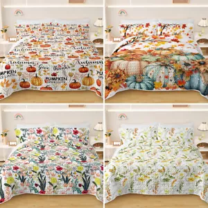 3 Piece Floral Quilt Set Fall Leaves Bedspread Botanical Bed Coverlet - Picture 1 of 33