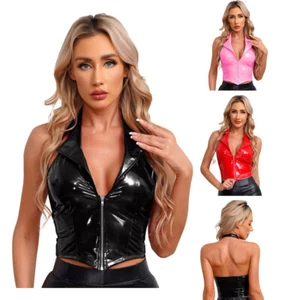UK Women's Leather Crop Tops Camisole Wet Look Sleeveless Front Zipper Tank AU - Picture 1 of 44