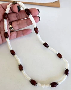 Vintage White Heishi Shell Brown Wood Choker Necklace 18" Barrel Clasp Surfer - Picture 1 of 5