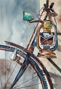 Original watercolor 7,5x11 inc. Old rusty bicycle with a kerosene lantern paint - Picture 1 of 7