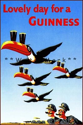 Preciosa bandada de pájaros tucán Guinness pilotos vintage póster impresión bar arte Foto 1 de 4