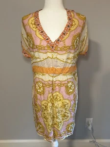 ZARA Mulberry Silk Scarf Print Dolman Sleeve Handkerchief Dress Pink/Gold Size M - Picture 1 of 6