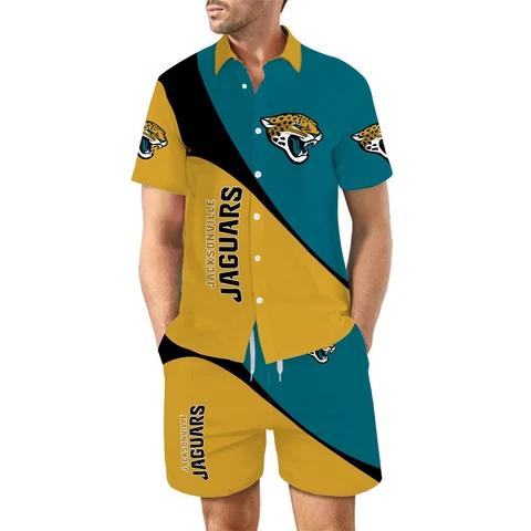 Jacksonville Jaguars Men Shirts Shorts Set Casual Short Sleeve Beach Swim Trunks Cover