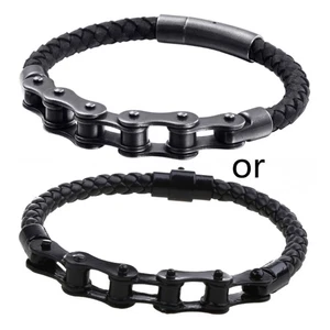 Bike Chain Bracelet Handwoven Leather Bracelet Single Layer Cuff-link Bracelet - Picture 1 of 8