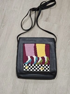Vintage Lee Black Leather Needlepoint Embroidered Purse 💥Rare💥 Crossbody - Picture 1 of 12