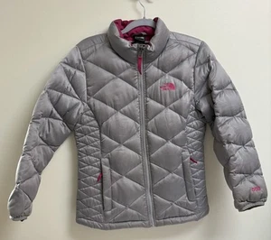 The North Face Girls 550 Down Jacket Gray Pink Size L 14/16 Puffer Quilted Coat - Picture 1 of 11