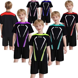 Kids Boys Outfit Sports Set Letter Printed Suit Football Short Sleeve Tracksuit - Picture 1 of 39