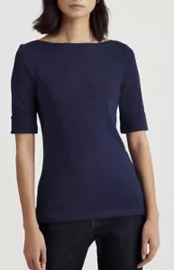 Lauren Ralph Lauren Navy Blue Top Size L Boat Neck Short Rolled Sleeve Shirt NEW - Picture 1 of 9