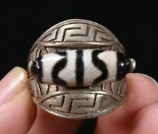 3cm Tibetan Old Silver Inlay Natural Agate DZI Bead Bixie Amulet Finger Ring